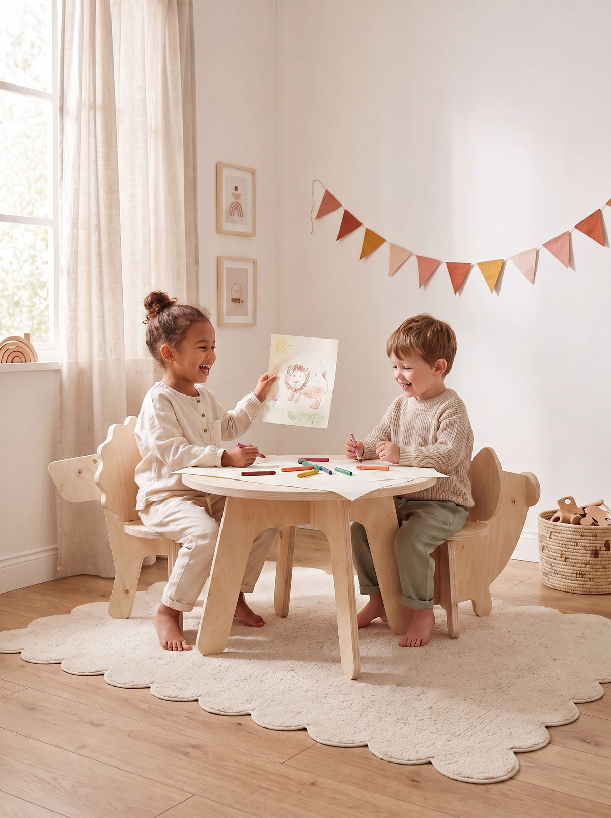 Twee peuters tekenen lachend aan de ronde houten kindertafel Tobi, zittend op de stoeltjes Lio de Leeuw en Vitto het Varkentje van Studio Verdi