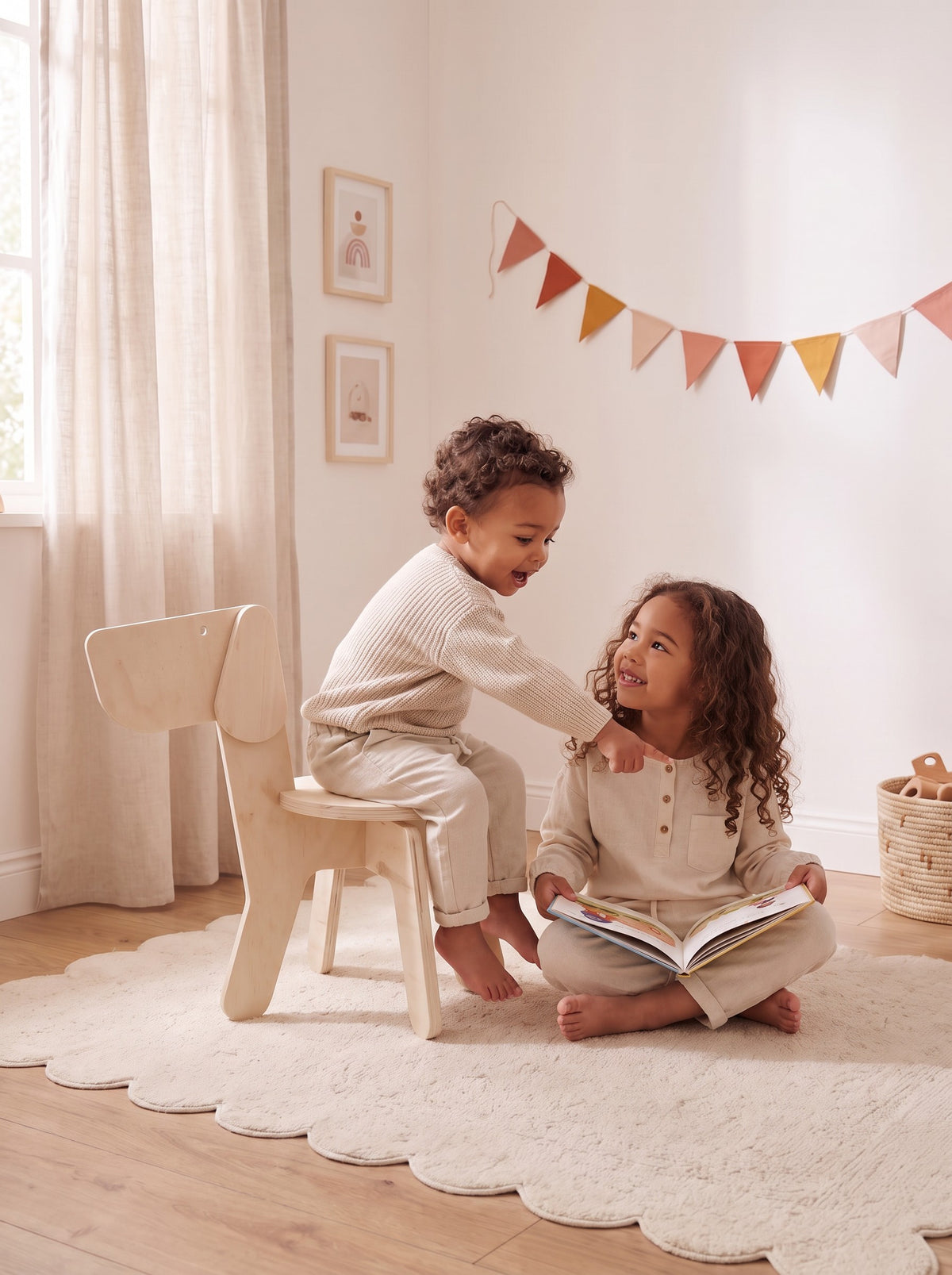 Grote zus leest voor aan haar broertje, dat op het houten kinderstoeltje Hugo de Hond van Studio Verdi zit