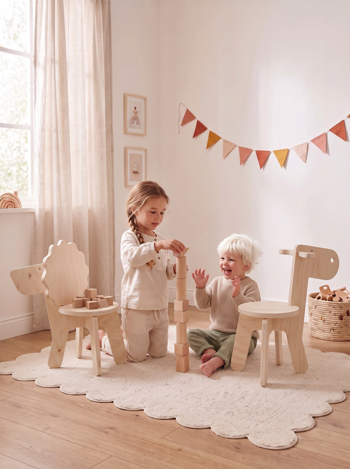 Twee kinderen bouwen een toren van houten blokken tussen de houten kinderstoeltjes Lio de Leeuw en Eddy de Eland van Studio Verdi