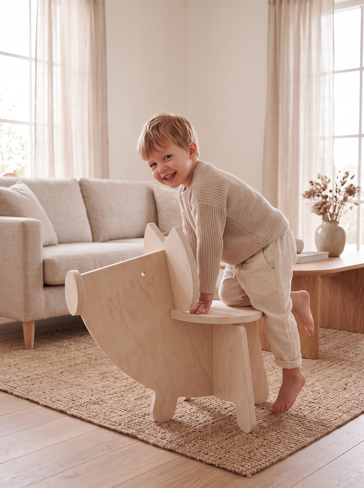 Peuter klimt lachend op het houten kinderstoeltje Vitto het Varkentje van Studio Verdi in een lichte woonkamer