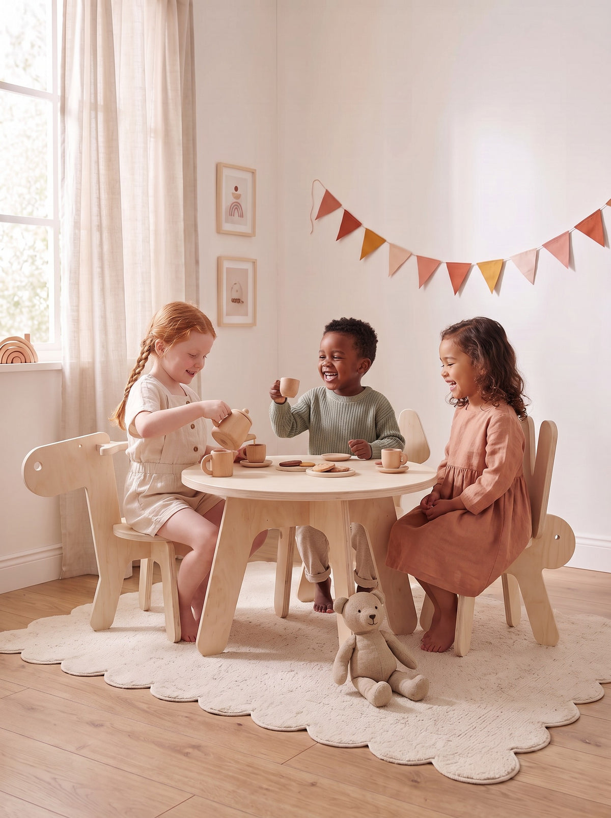 Drie kinderen houden een theekransje aan de houten kindertafel Tobi op de stoeltjes Eddy de Eland, Hugo de Hond en Kiko het Konijn van Studio Verdi